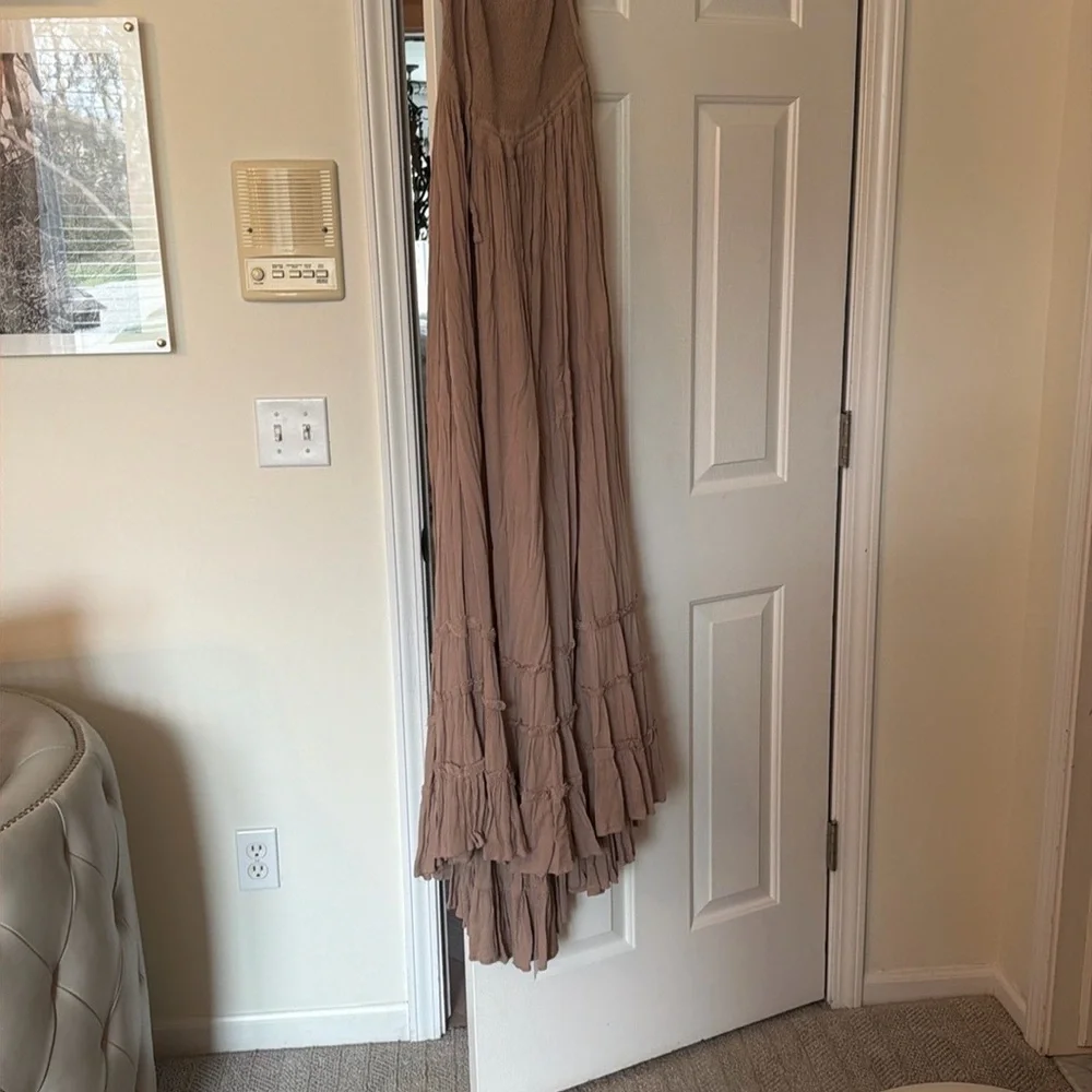 Smocked Bandeau High-Low Maxi Dress in Taupe - Picture 3 of 5